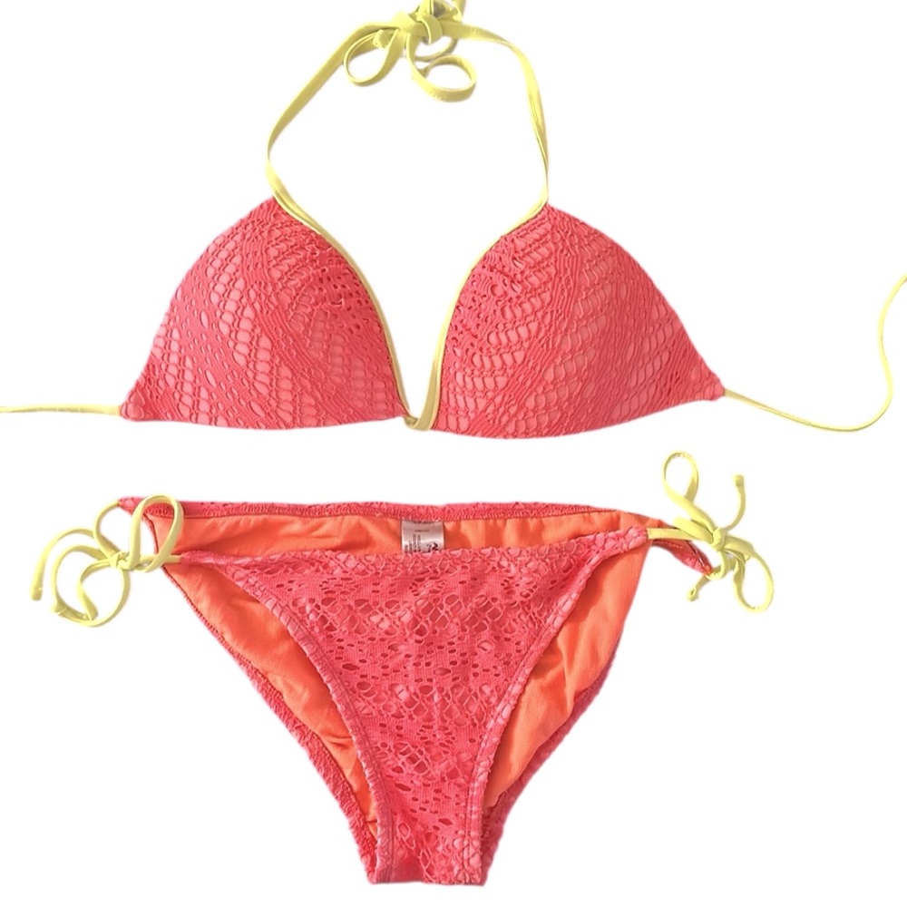 Coral Lace w/ Neon Yellow Ties Bikini Set